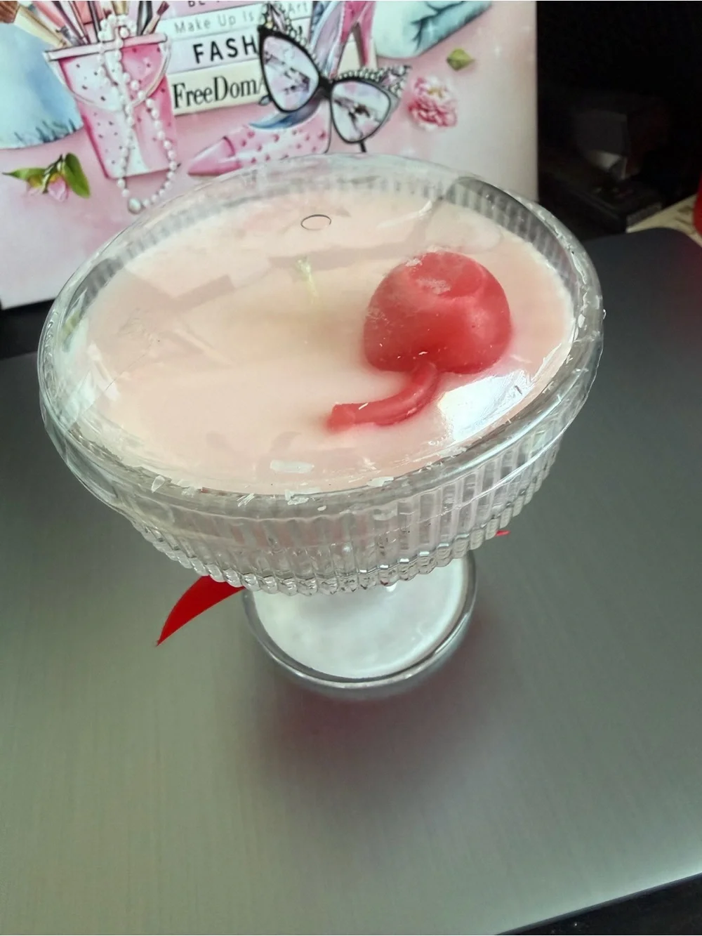 Pink Layered Dessert Candle in Glass Compote with Red Ribbon Cherry Scented